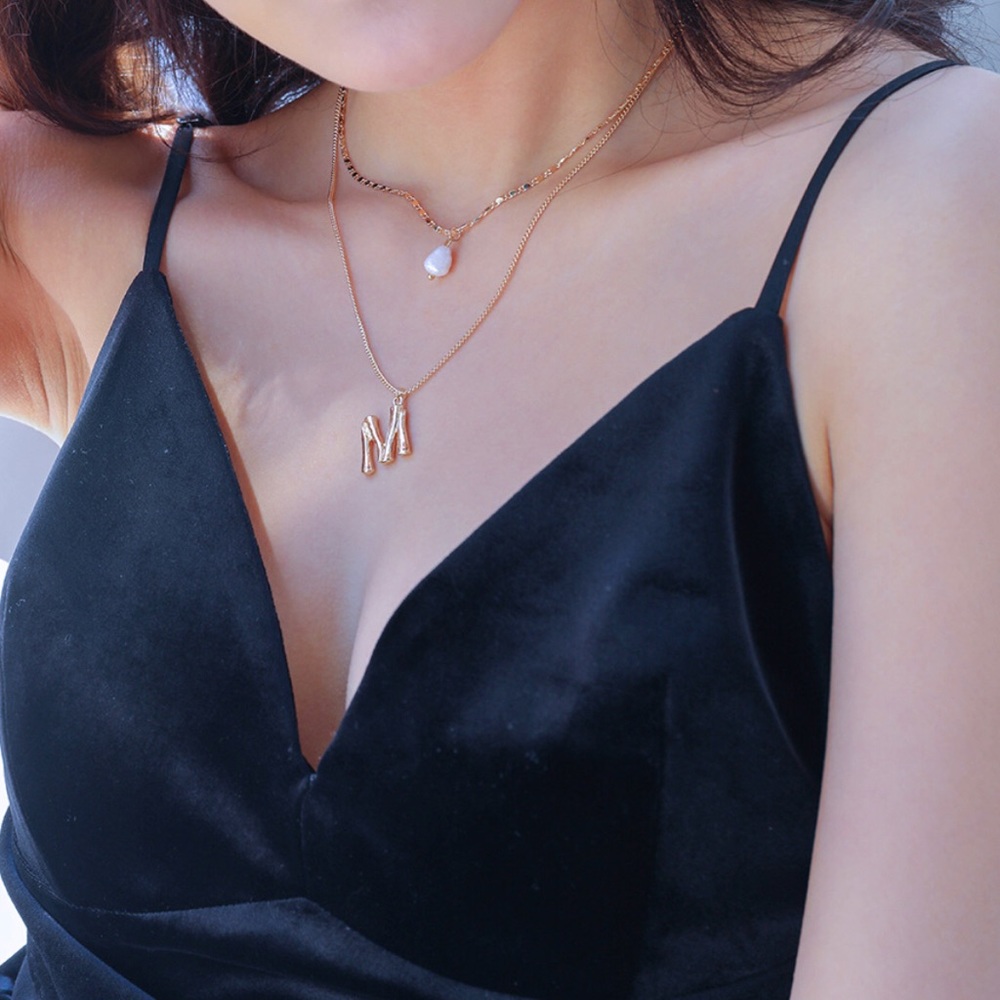 Delicate multilayer necklace  pearl and letter M